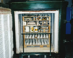 Italian pottery in a firing oven.