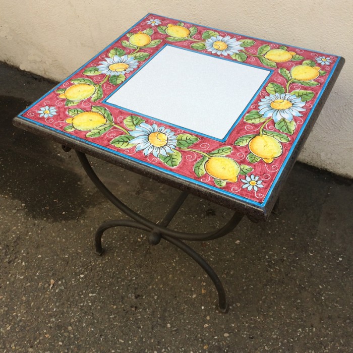 20” Square Italian Volcanic Table – Daisies and Lemons on Pink