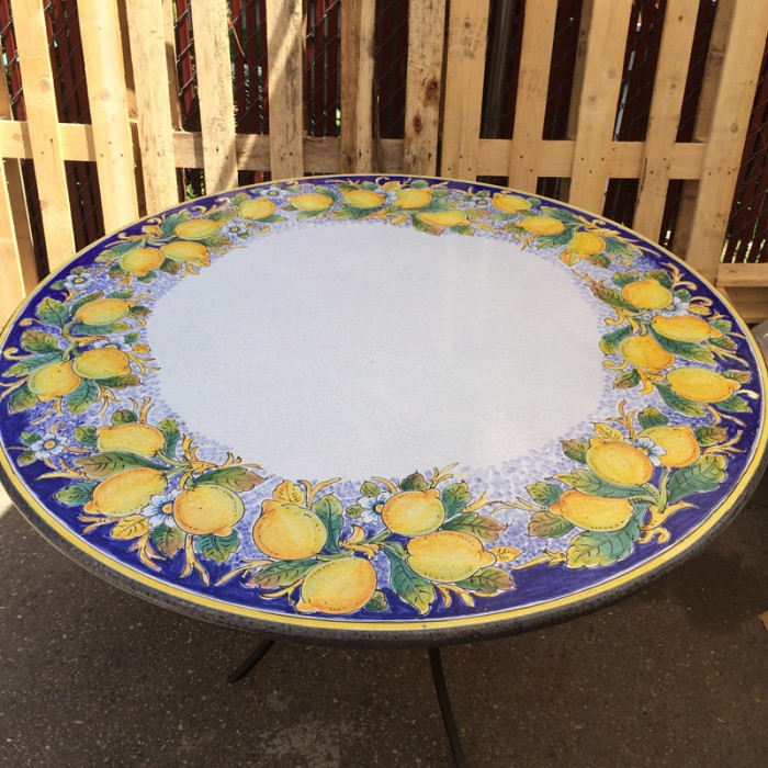 39” Italian Volcanic Table – Round Lemons on Blue