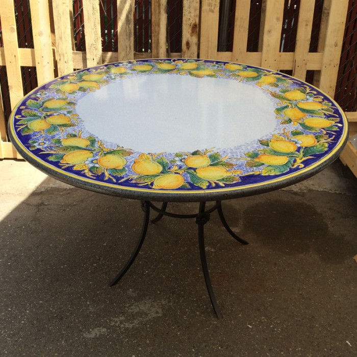 39” Italian Volcanic Table – Round Lemons on Blue - Image 2