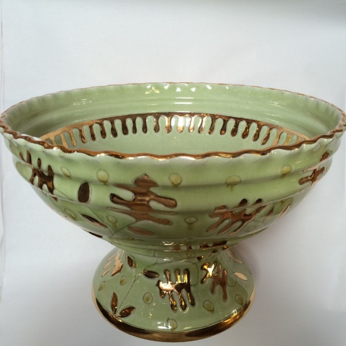 Italian Footed Bowl Green with Gold